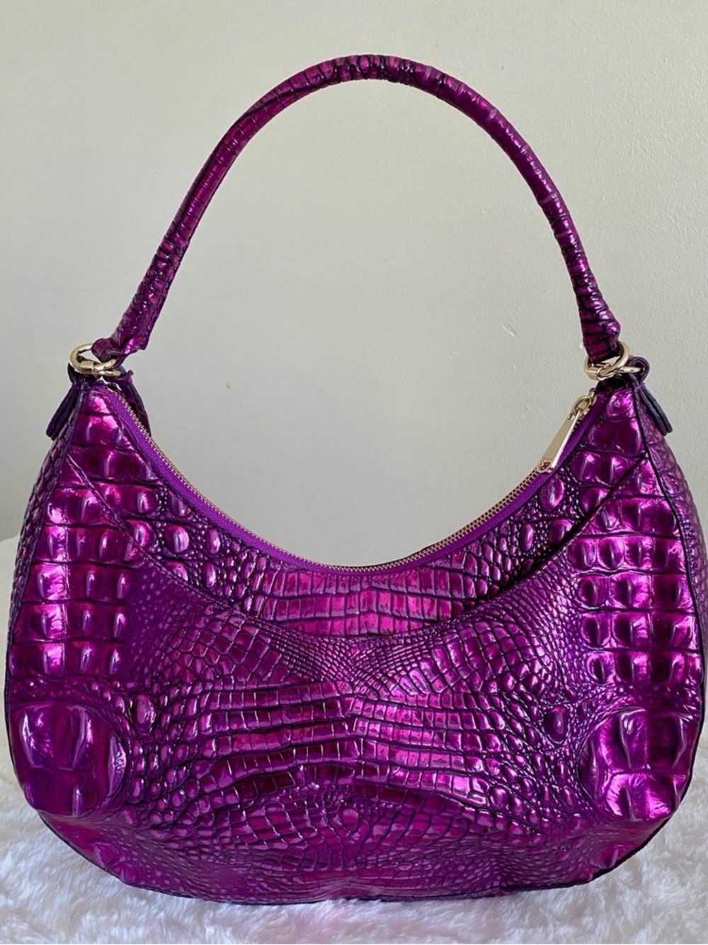 Brahmin Metallic Becka Purple Potion Croc-Embossed Melbourne Shoulder Hobo - Picture 2 of 12